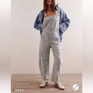 Free people good luck railroad striped overalls